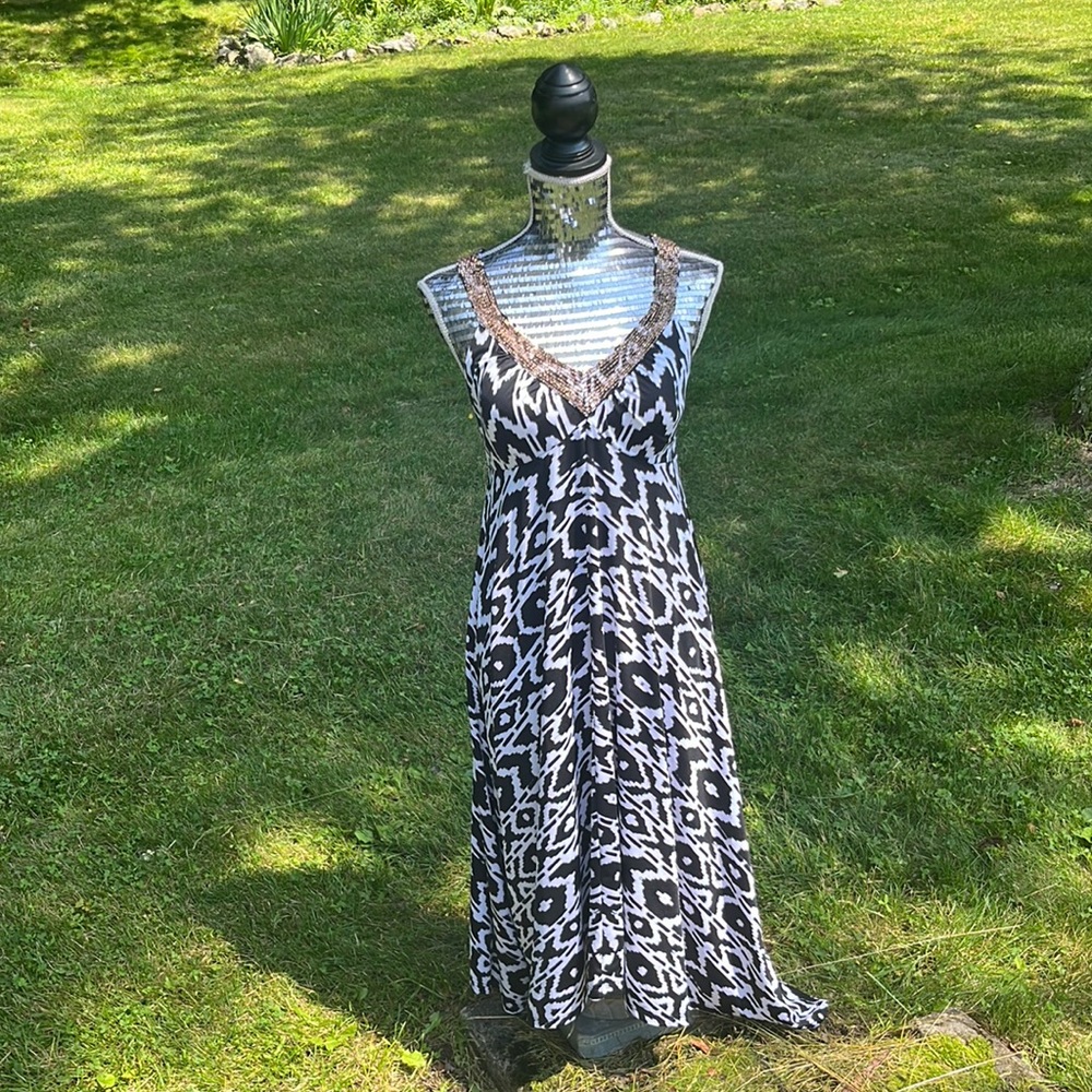 Maxi Print Dress with copper gold beading and criss cross back